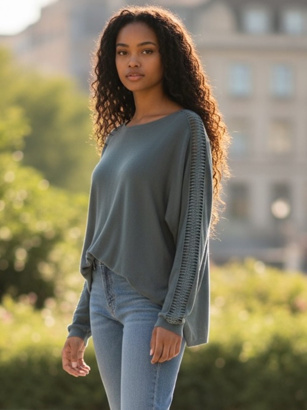 Cactus+Pearl Teal Open-Stitch Beaded Sleeve Lightweight Crew Sweater